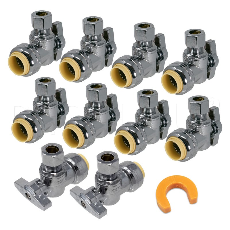 PROCURU [10-Pack] PROCURU PushFit Angle Stop Valve 1/2" Push x 3/8" OD Comp, Quarter-Turn Push-to-Connect Brass Shutoff Valve for Copper, PEX, CPVC, PE-RT, HDPE Pipes, LF Certified Safe (8X8012-11T) - Image 1